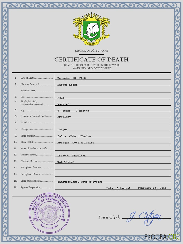 Modèle PSD de certificat de décès de l'état civil de la Côte d'Ivoire